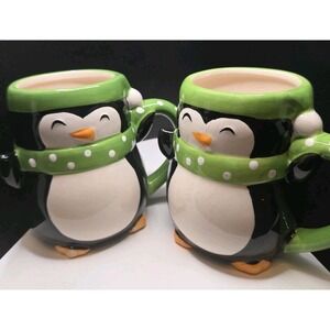 Vintage Pair Penguin Mugs Holiday Winter Christmas Be Merry 2010 Cute EUC